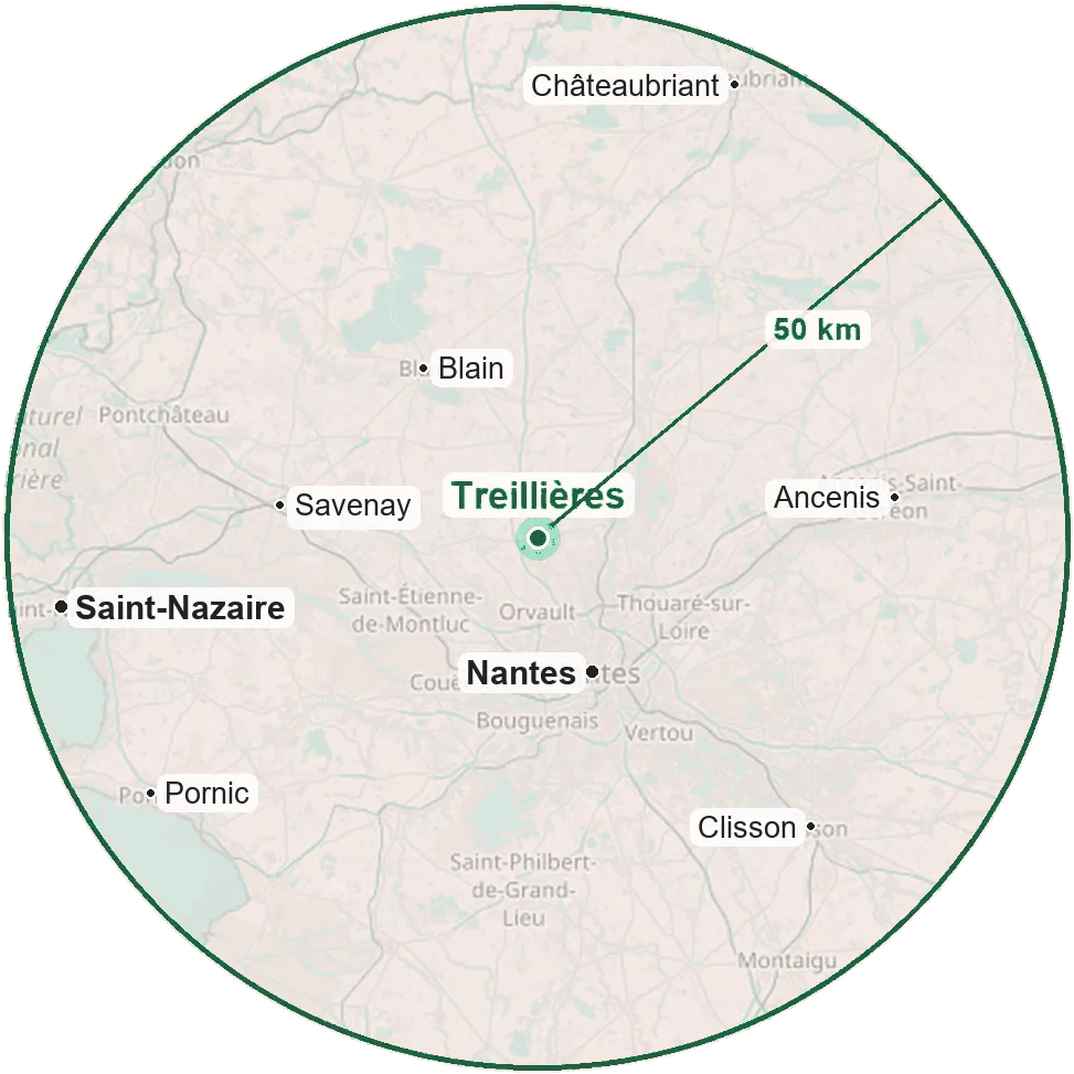 Carte : rayon de 50 km autour de Treillières, de Châteaubriant à Pornic et de Saint-Nazaire à Ancenis
